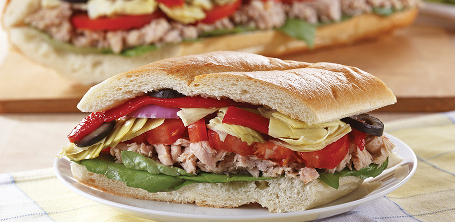 E.V.O.O. Yellowfin Tuna with Tomato Basil Mediterranean Veggie Baguette